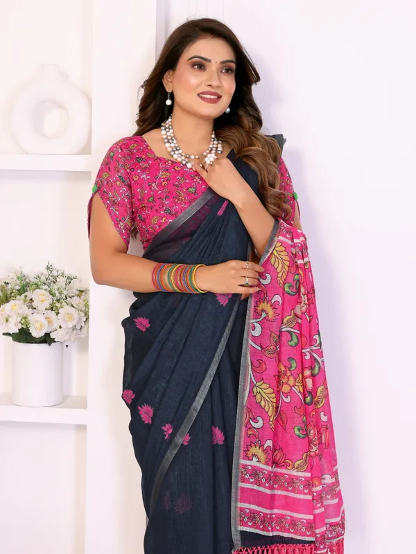Navy_Blue_Linen_Floral_Print_Saree_For_Women