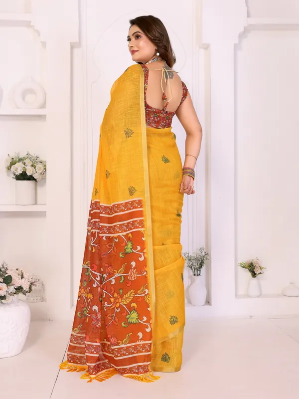 Mustard_Linen_Floral_Paisley_Print_Saree_For_Women