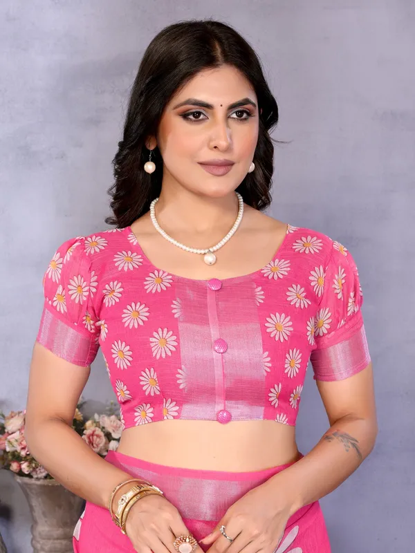 Pink_Linen_Floral_Print_Saree_For_Women