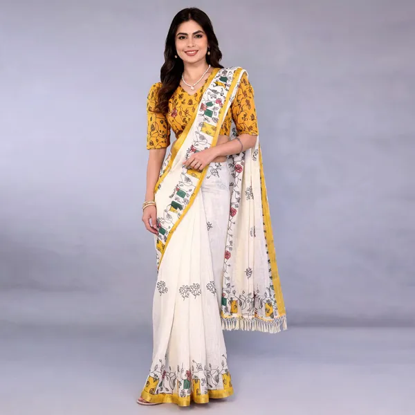 Ivory_Linen_Floral_Print_Saree_For_Women