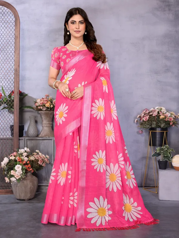 Pink_Linen_Floral_Print_Saree_For_Women