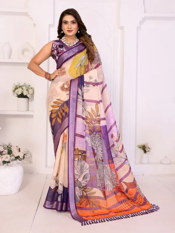 Multicolor_Linen_Botanical_Print_Saree_For_Women