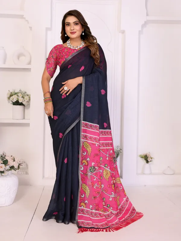 Navy_Linen_Floral_Printed_Saree_For_Women