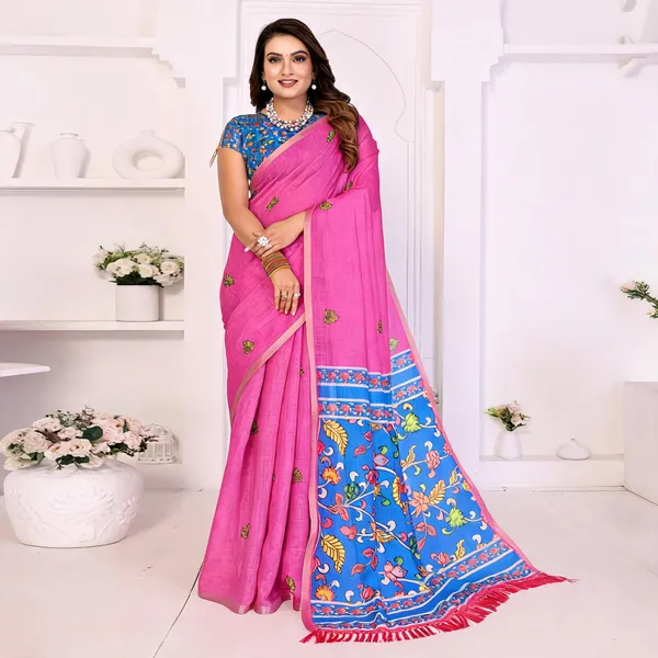 Pink_Linen_Botanical_Floral_Print_Saree_For_Women