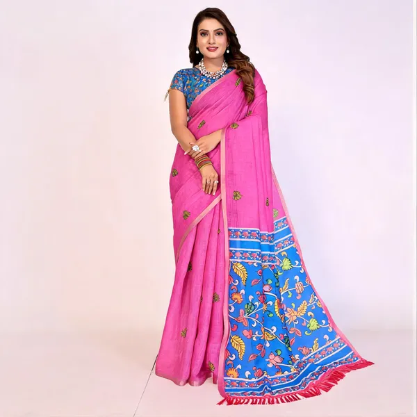 Pink_Linen_Botanical_Floral_Print_Saree_For_Women