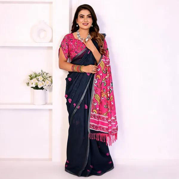 Navy_Blue_Linen_Floral_Print_Saree_For_Women