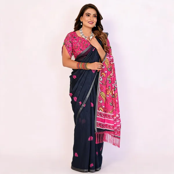 Navy_Blue_Linen_Floral_Print_Saree_For_Women