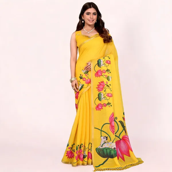 Yellow_Linen_Floral_Printed_Saree_For_Women