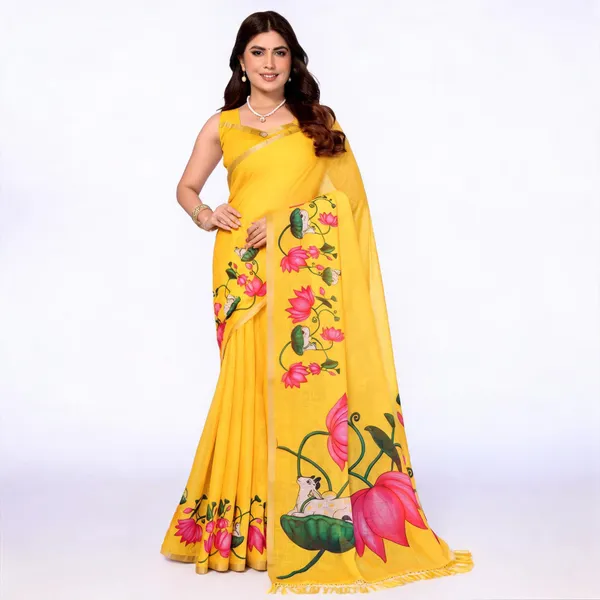 Yellow_Linen_Floral_Printed_Saree_For_Women