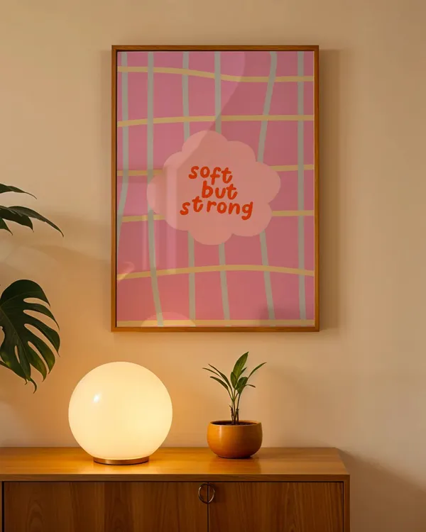 Soft_But_Strong_—_Pink_Plaid_Framed_Wall_Art