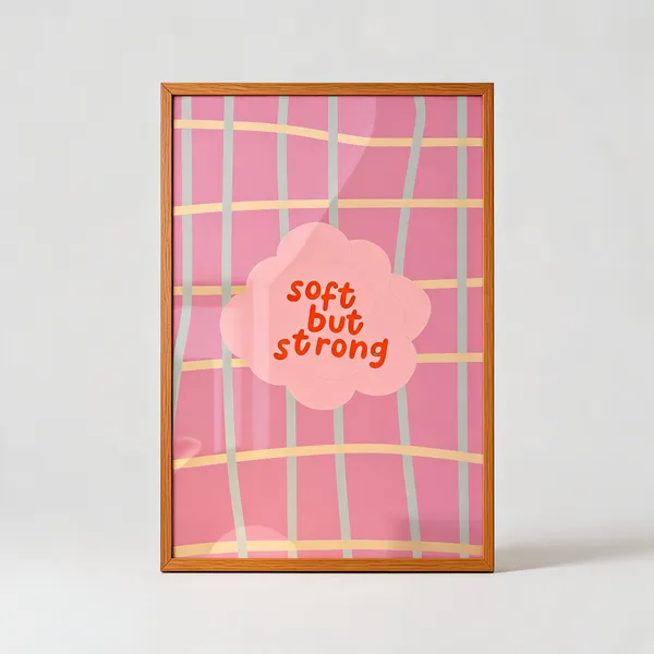 Wooden_Soft_But_Strong_Pink_Plaid_Typographic_Framed_Wall_Art