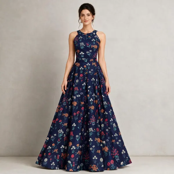 Navy_Blue_Khadi_Silk_Maxi_Dress_For_Women