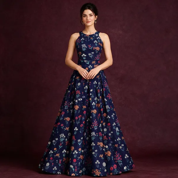 Navy_Blue_Khadi_Silk_Maxi_Dress_For_Women