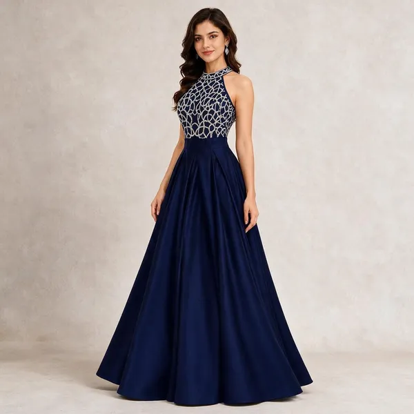 Blue_Khadi_Silk_Gown_For_Women