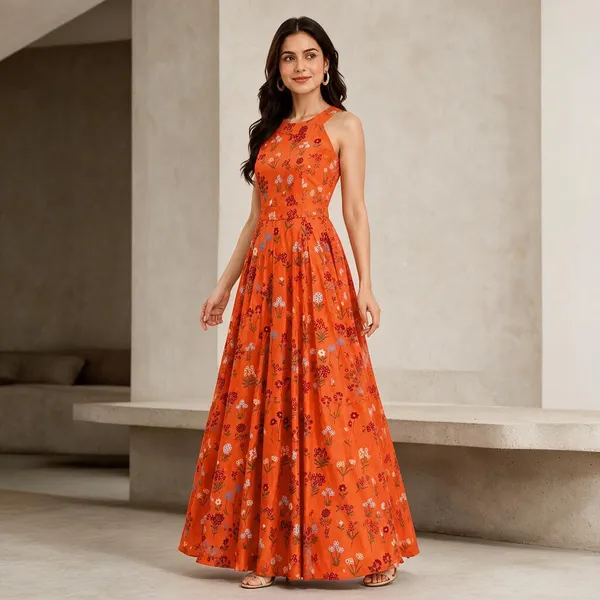 Orange_Khadi_Silk_Maxi_Dress_For_Women