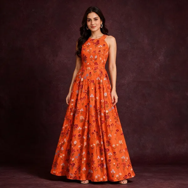 Orange_Khadi_Silk_Maxi_Dress_For_Women