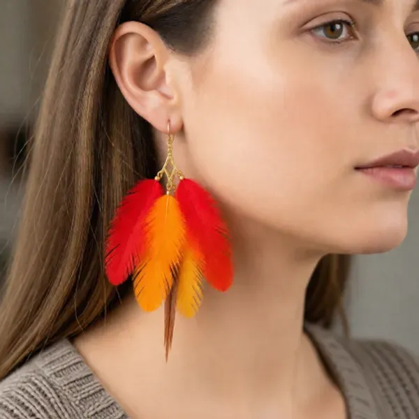 Red_Orange_Feathers_Hanging_Metal_Earrings_For_Women