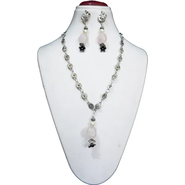 Pink_Gemstone_Rose_Quartz_Tumble_Siver_Chain_Necklace_For_Women