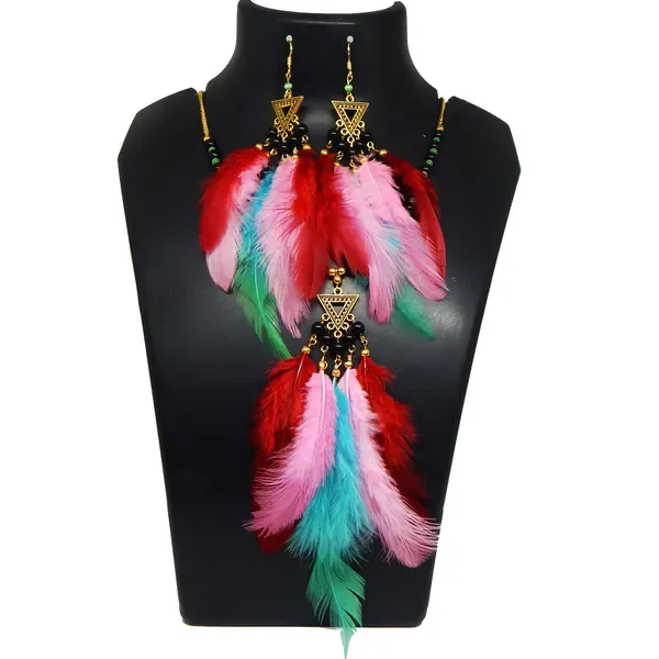 Multicolor_Metal_Chain_Real_Feathers_Necklace_For_Women