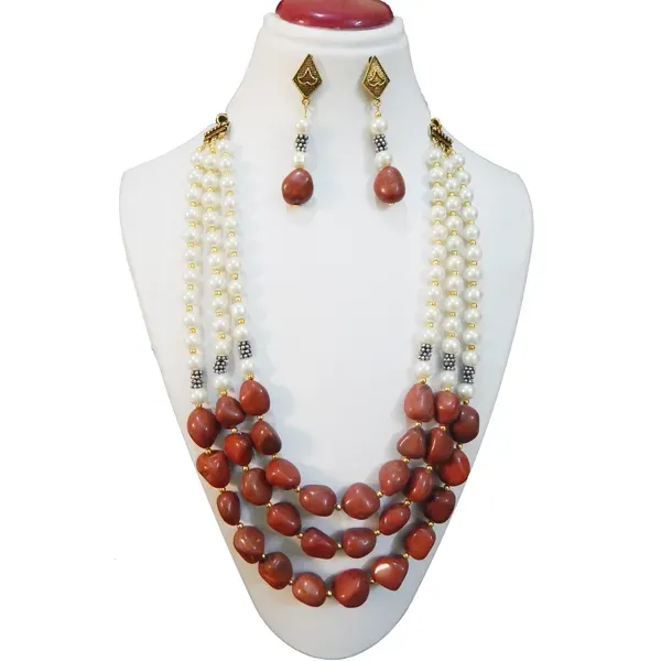 Maroon_Gemstone_Red_Jasper_Tumble_Synthetic_Pearl_Necklace_For_Women