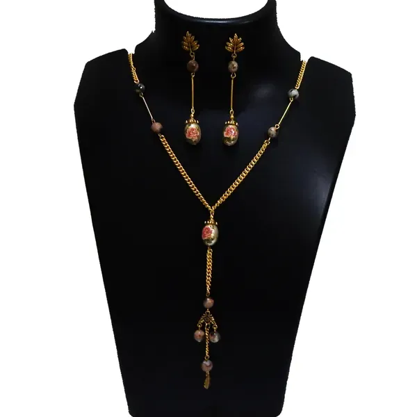 Multicolor_Printed_Glass_Beads_Metal_Chain_Necklace_For_Women