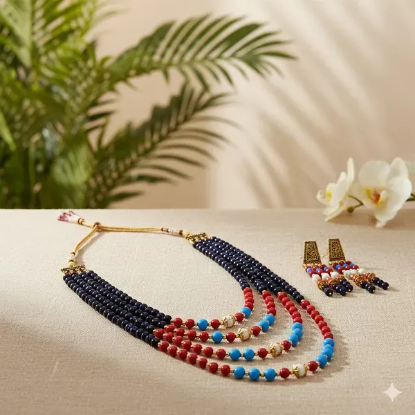 Multicolor_Blue_Gold_Stone_Mixed_Beads_Layered_Necklace_For_Women