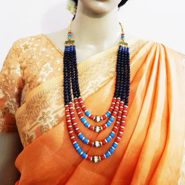 Multicolor_Blue_Gold_Stone_Mixed_Beads_Layered_Necklace_For_Women