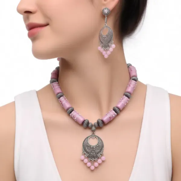 Pink_Lampwork_Glass_Beads_Choker_Necklace_For_Women