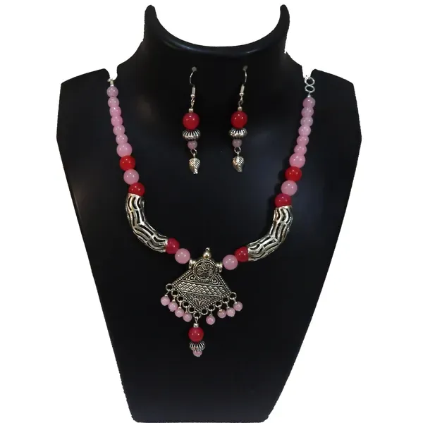 Pink_Glass_Beads_Metal_Pendant_Choker_Necklace_For_Women
