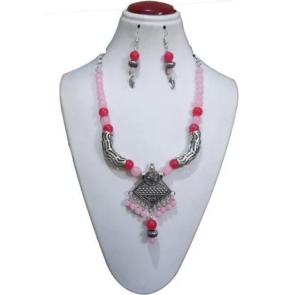 Pink_Glass_Beads_Metal_Pendant_Choker_Necklace_For_Women