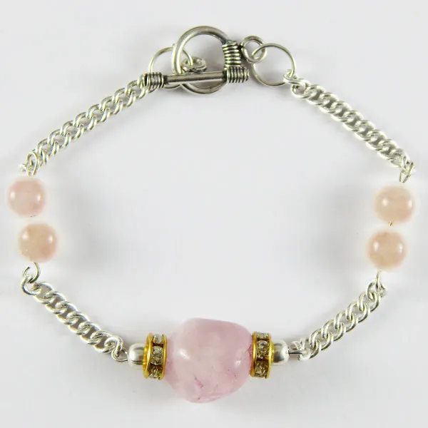Pink_Gemstone_Rose_Quartz_Tumble_Beads_Chain_Bracelet_For_Women