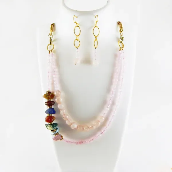 Pink_Gemstone_Rose_Quartz_Two_Line_Stone_Beads_Necklace_For_Women