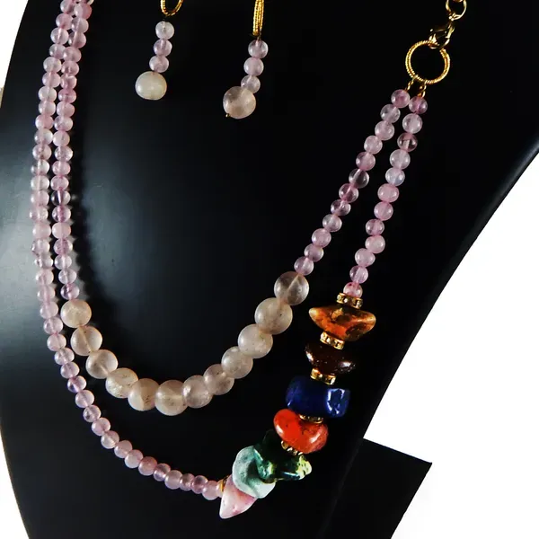 Pink_Gemstone_Rose_Quartz_Two_Line_Stone_Beads_Necklace_For_Women