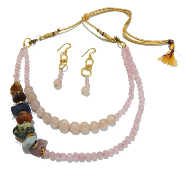 Pink_Gemstone_Rose_Quartz_Two_Line_Stone_Beads_Necklace_For_Women