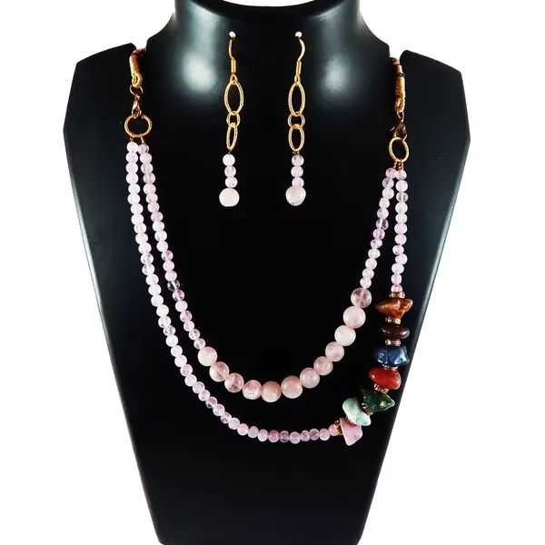 Pink_Gemstone_Rose_Quartz_Two_Line_Stone_Beads_Necklace_For_Women