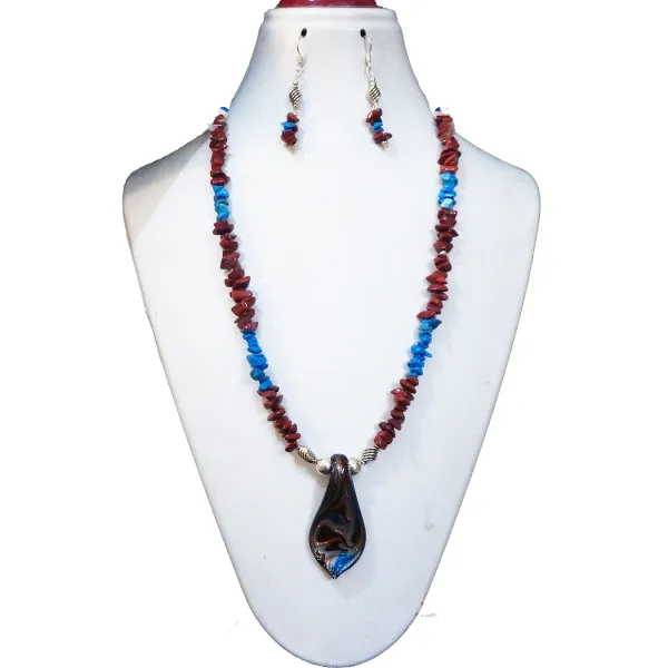 Red_Gem_Stone_Jasper_Turquoise_Chips_With_Glass_Pendant_Neclace_For_Women