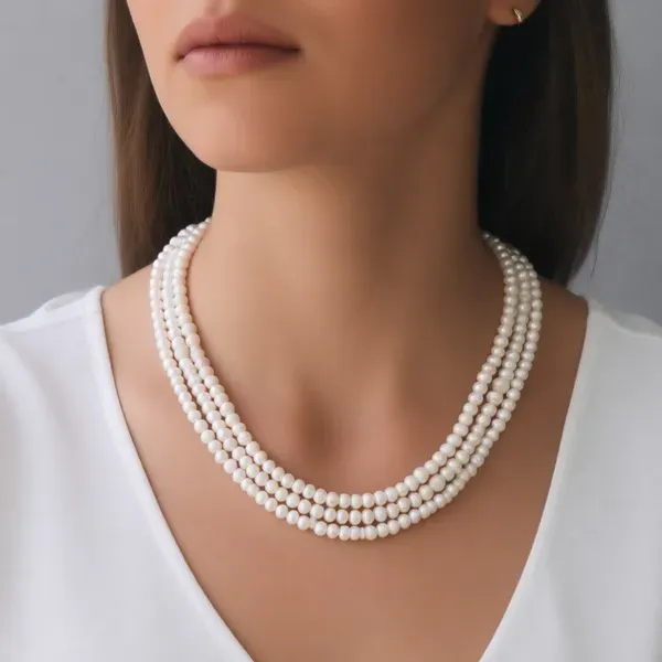 White_3_Line_Real_Pearl_Choker_Necklace_For_Women