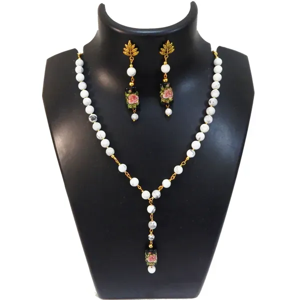 White_Gemstone_Howlite_Beads_Printed_Glass_Pendant_Necklace_For_Women