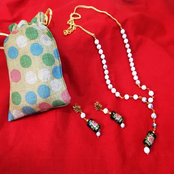 White_Gemstone_Howlite_Beads_Printed_Glass_Pendant_Necklace_For_Women