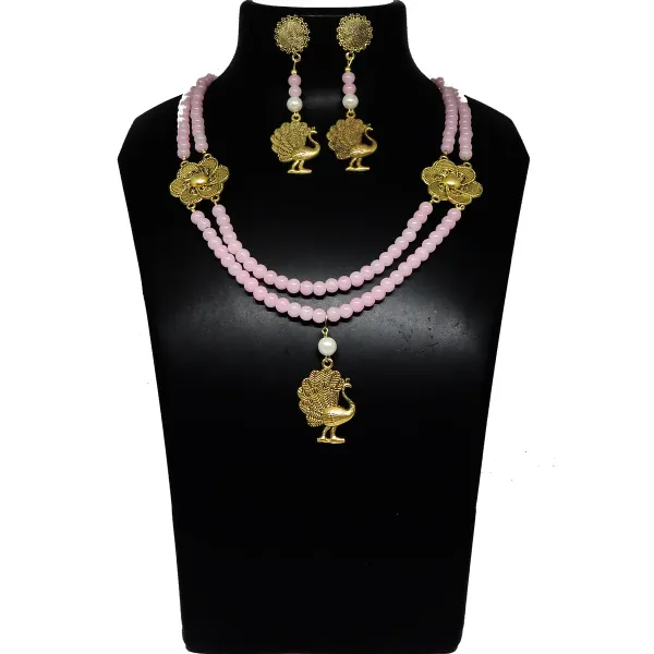 Pink_Glass_Beads_Metal_Pendant_Necklace_For_Women