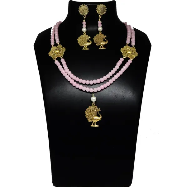 Pink_Glass_Beads_Metal_Pendant_Necklace_For_Women