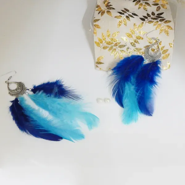 Multicolor_Blue_Shade_Feathers_Hanging_Metal_Earrings_For_Women