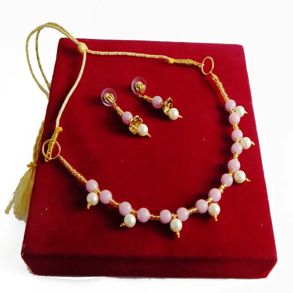 Pink_Plain_Glass_Beads_Synthetic_Pearl_Choker_Necklace_For_Women