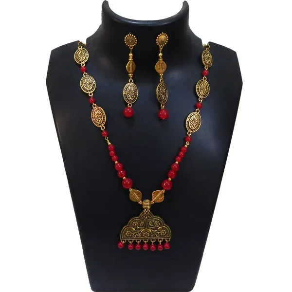 Red_Glass_Beads_With_Metal_Pendant_Necklace_For_Women