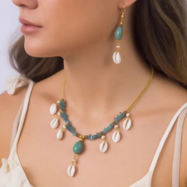 Green_Gem_Stone_Aventurine_Chips_Seashell_Necklace_For_Women