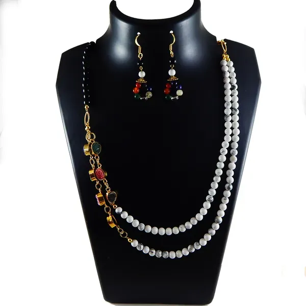 White_Gemstone_Howlite_Black_Onyx_Beads_Two_Lines_Necklace_For_Women