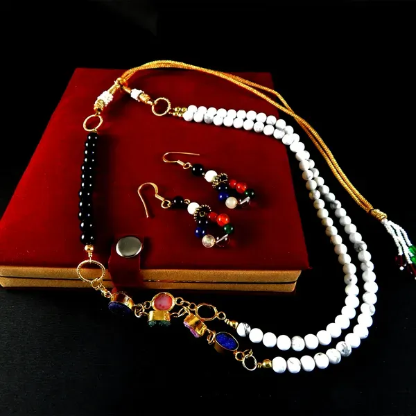 White_Gemstone_Howlite_Black_Onyx_Beads_Two_Lines_Necklace_For_Women