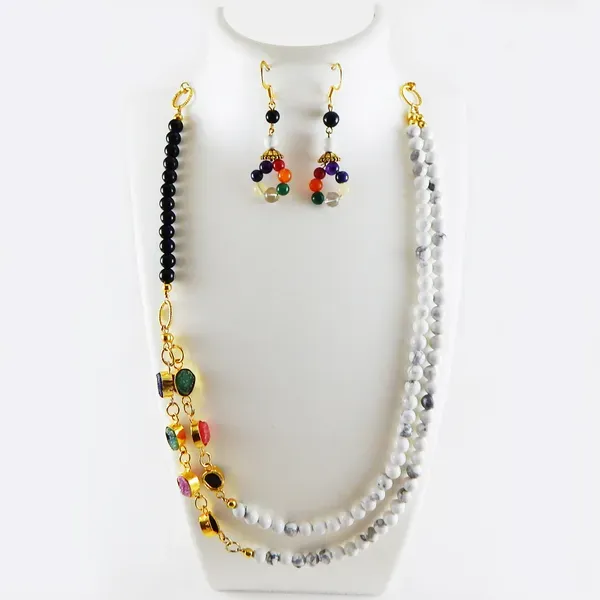 White_Gemstone_Howlite_Black_Onyx_Beads_Two_Lines_Necklace_For_Women