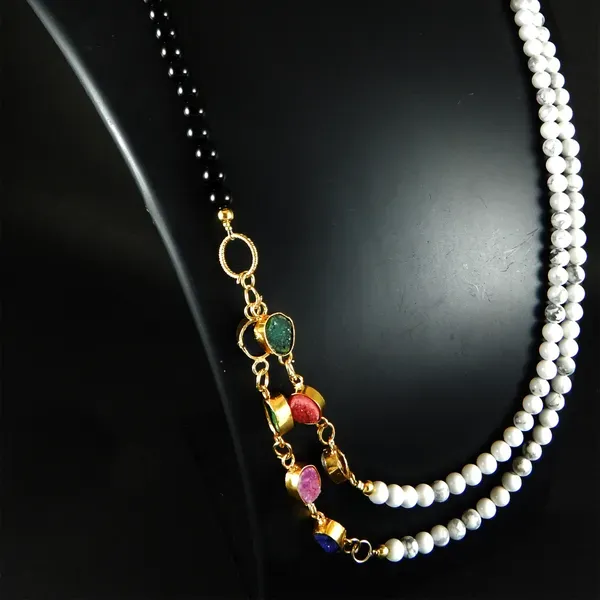White_Gemstone_Howlite_Black_Onyx_Beads_Two_Lines_Necklace_For_Women