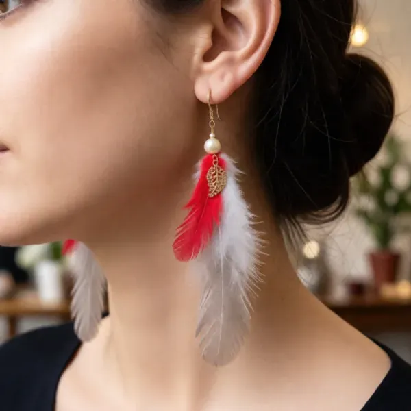 Off_White_Red_Feathers_Hanging_Hook_Earrings_For_Women